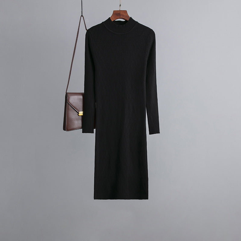 Vestido de punto con cuello alto y manga larga para mujer, prenda exterior de otoño e invierno, fino, por encima de la rodilla, largo medio, moderno