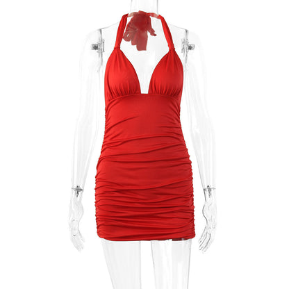 Vestido plisado sexy de verano para mujer, con escote en V profundo, cuello halter, cordones y espalda descubierta