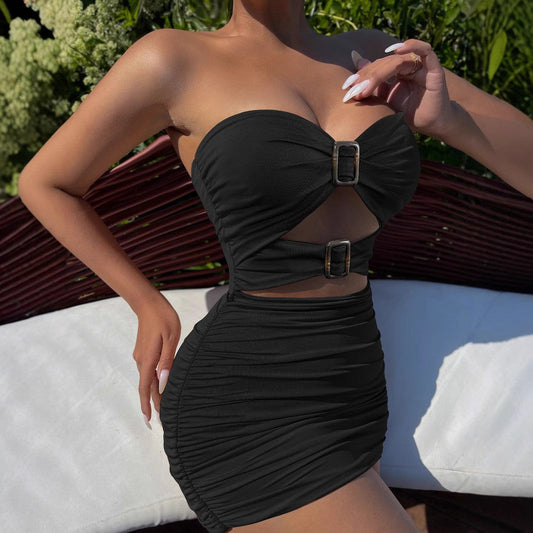 Women Summer Patchwork Flab Hiding off Neck Hollow Out Cutout out Tube Top Solid Color Slim Fit Hip Dress