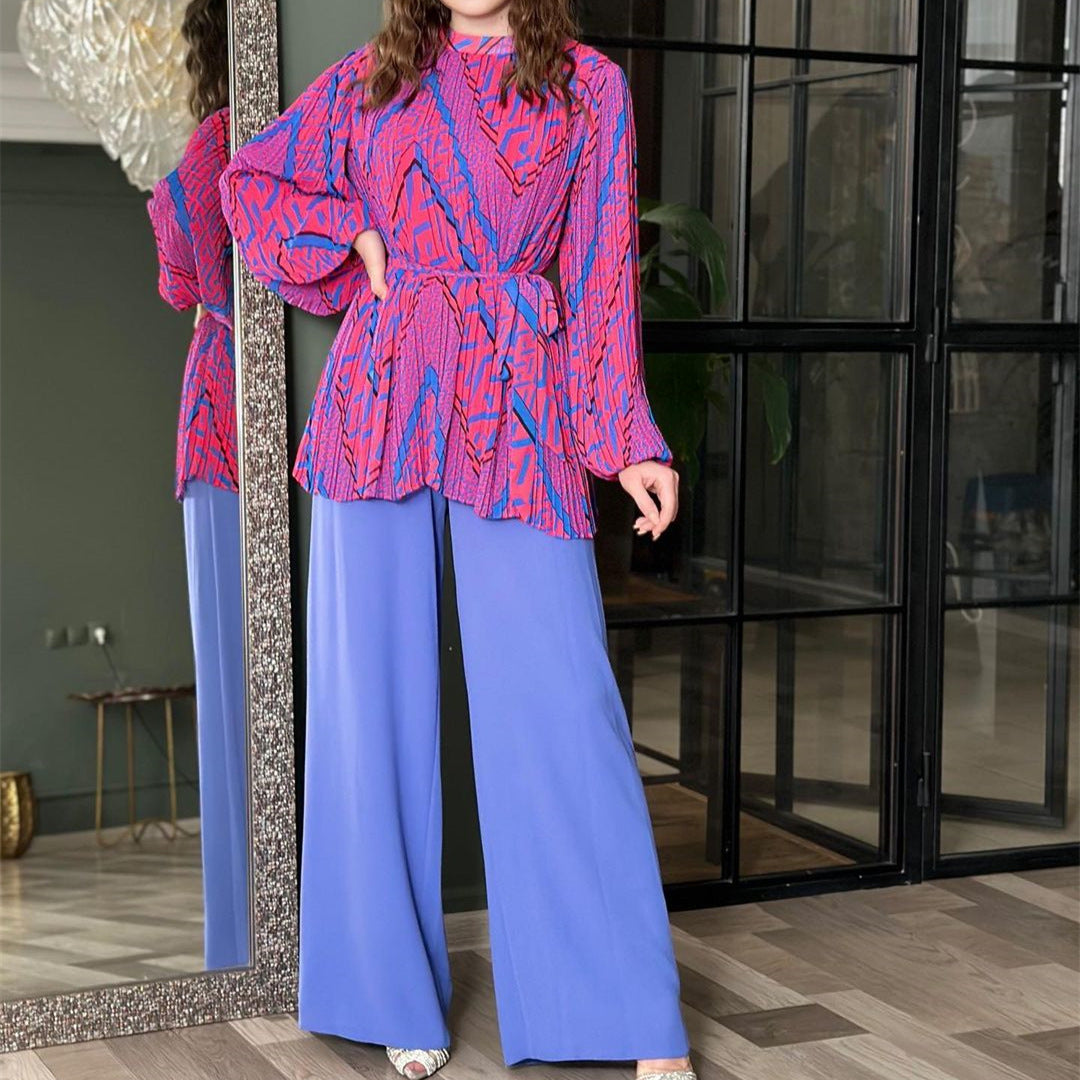 Conjunto de ropa de otoño para mujer, camisa plisada elegante con mangas abullonadas, pantalones de pierna ancha y cintura alta
