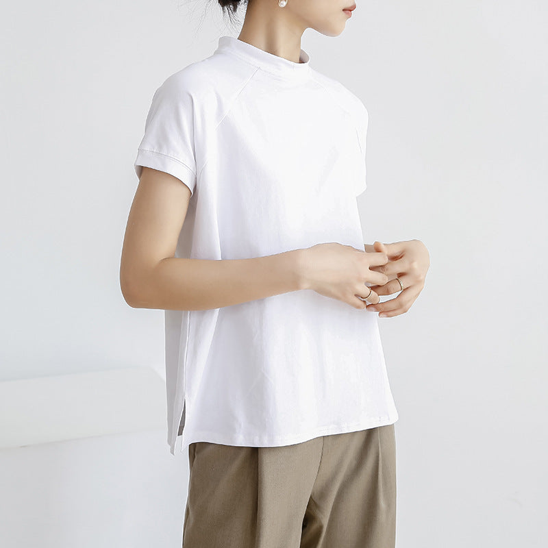 Camiseta de algodón de verano de color liso de manga corta para mujer, jersey francés con abertura lateral.
