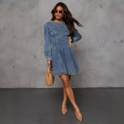 Vestido vaquero de manga larga con cintura ajustada y retazos informales de otoño para mujer