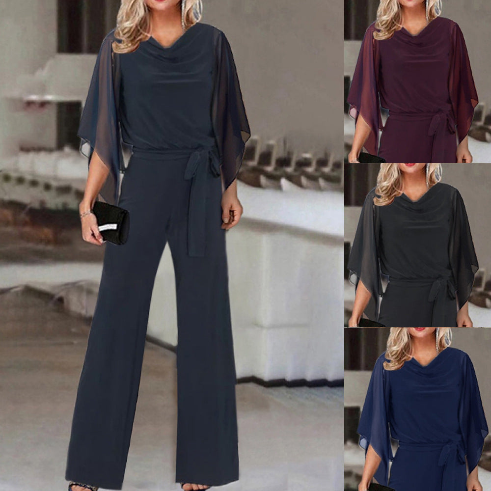 Mono informal de verano de color liso con cintura alta y cordones, pantalones de pierna recta para mujer