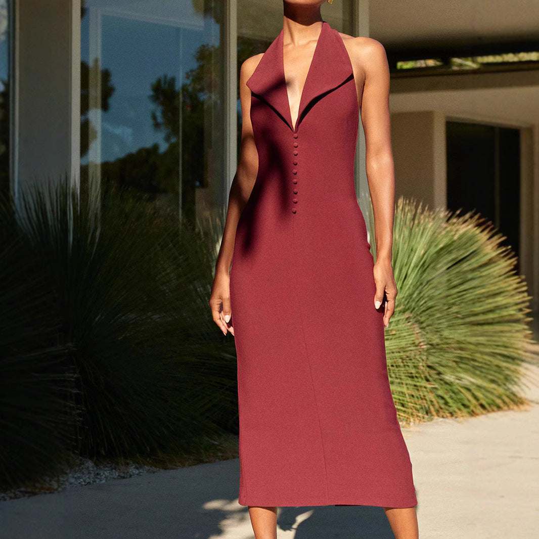 Vestido midi sexy con escote en V y espalda descubierta para mujer