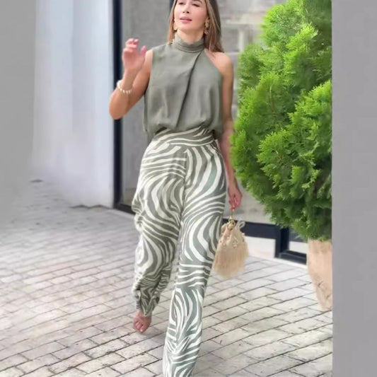 Conjunto de dos piezas de top y pantalón ancho con estampado de cebra y cuello halter sin mangas de verano para mujer
