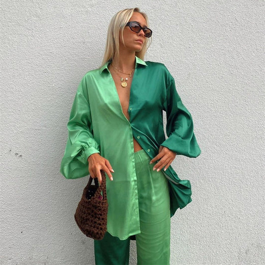 Conjunto de dos piezas de satén para primavera y verano, ropa para mujer con bloques de color, camisa extragrande, pantalones rectos informales