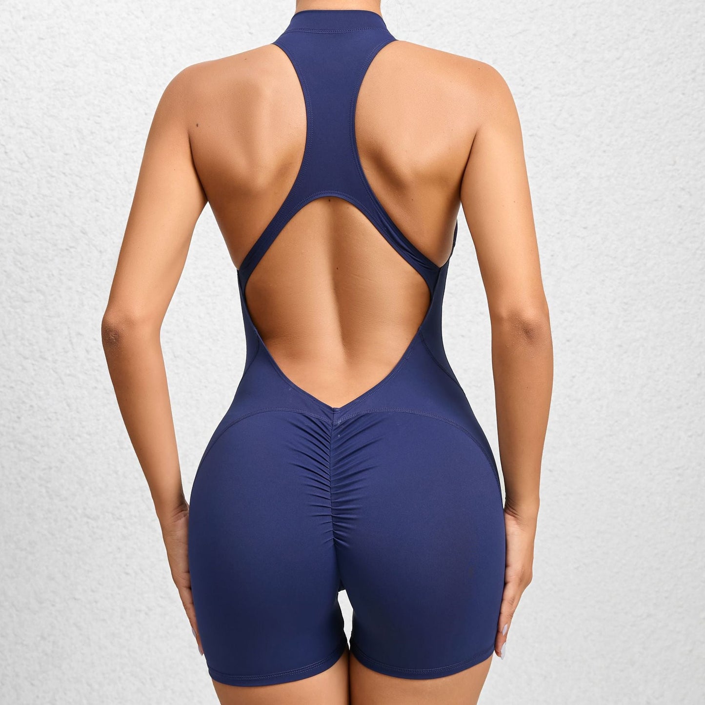 Pantalones de yoga deportivos ajustados con cremallera y tejido no tejido, color melocotón, de una pieza, de secado rápido, con pliegues para fitness