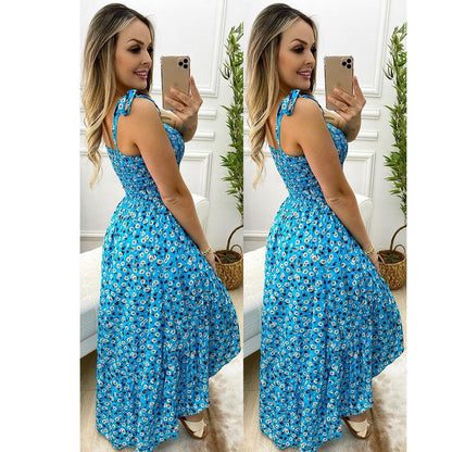 Vestido plisado con tirantes florales para primavera y verano, holgado, con cordones, talla grande