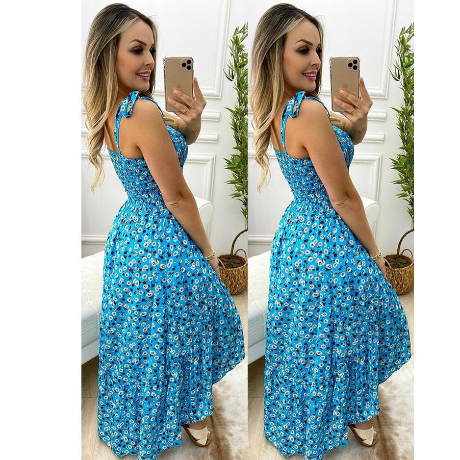 Vestido plisado con tirantes florales para primavera y verano, holgado, con cordones, talla grande