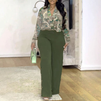 Conjunto de dos piezas de camisa con cuello en V y pantalones anchos para mujer