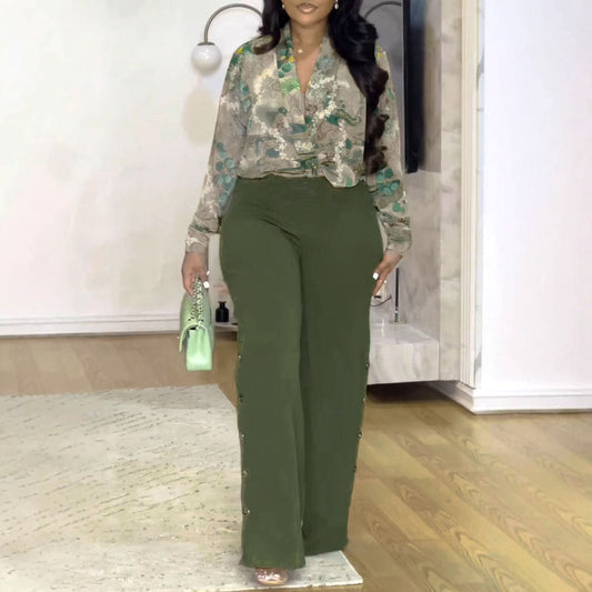 Conjunto de dos piezas de camisa con cuello en V y pantalones anchos para mujer