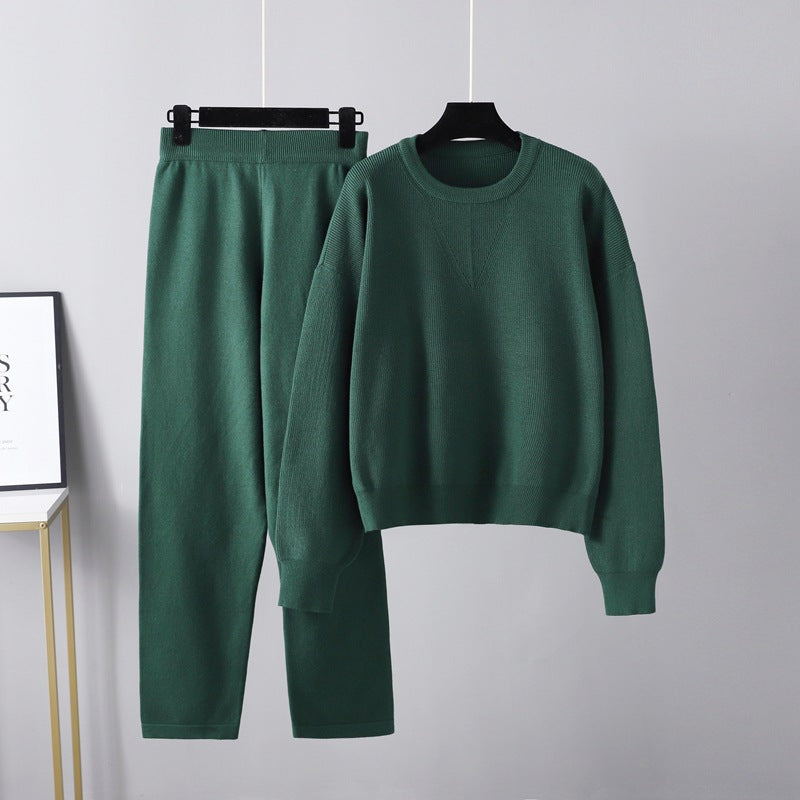 Conjunto de dos piezas de suéter holgado e informal para otoño e invierno, traje de punto de color liso para mujer