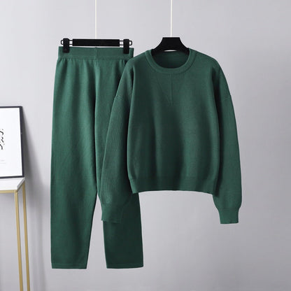 Conjunto de dos piezas de suéter holgado e informal para otoño e invierno, traje de punto de color liso para mujer
