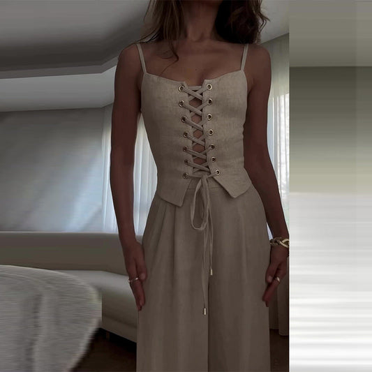 Traje de verano sexy con corte en la parte superior y pantalones anchos informales con lazo