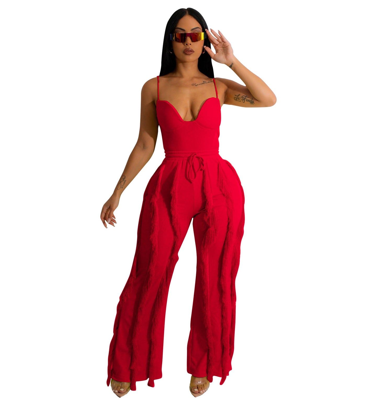 Conjunto de dos piezas de mono con borlas y encaje para mujer, pantalones de pierna recta, verano