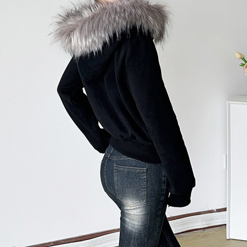Abrigo de invierno con capucha y empalme peludo estilo retro urbano, ajustado, cálido, con cremallera de doble cara
