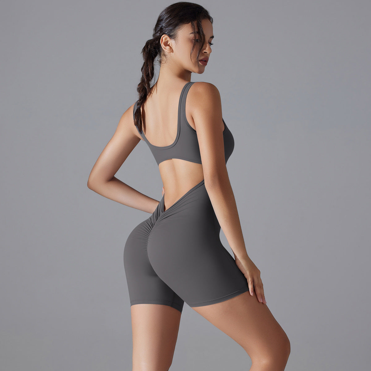 Mono de yoga sexy con escote en V y cintura alta para mujer, mono deportivo ajustado de una pieza que moldea la espalda y contrae el abdomen.