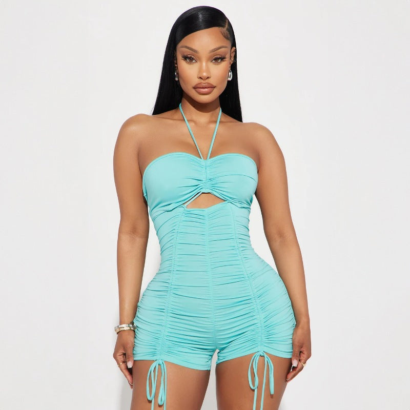 Mono corto de verano con aberturas y cuello halter con cordón ajustable para mujer