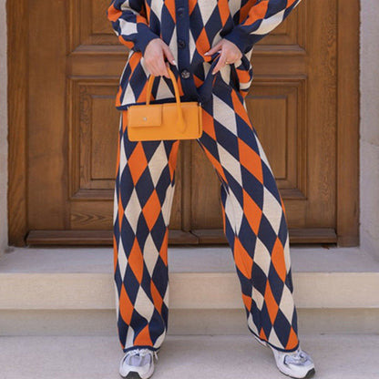 Cárdigan de punto con rombos abstractos geométricos para mujer, suéter informal holgado de una sola botonadura, pantalones de dos piezas para otoño e invierno