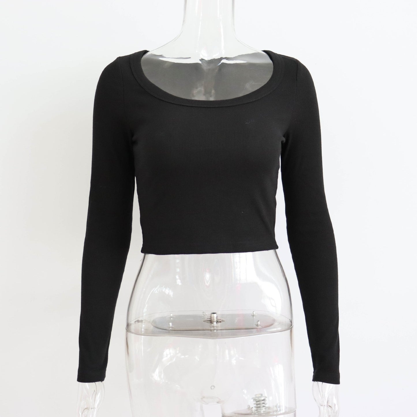 Top corto de canalé de manga larga con cuello redondo grande para mujer, informal, sexy, para otoño e invierno, tejido de punto, top ajustado de calle
