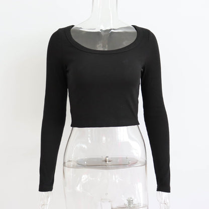 Top corto de canalé de manga larga con cuello redondo grande para mujer, informal, sexy, para otoño e invierno, tejido de punto, top ajustado de calle