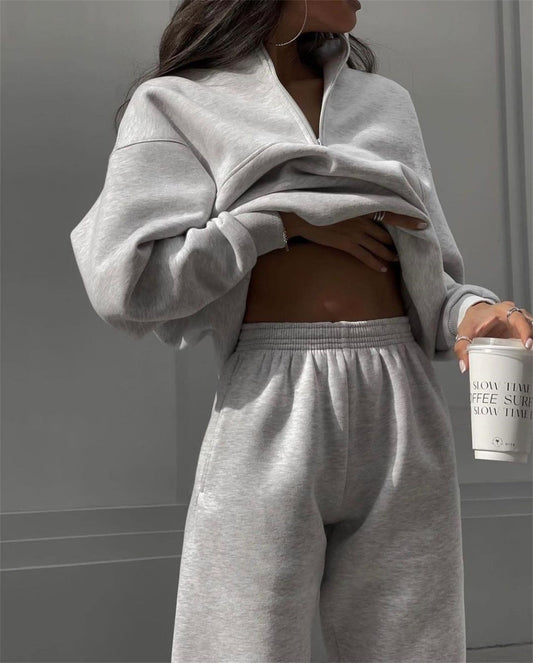 Suéter de manga larga con cremallera y cuello alto para mujer, conjunto de dos piezas para otoño e invierno, cómodo, holgado, deportivo e informal