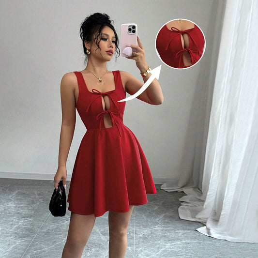 Women Clothing Summer Sexy Square Collar Red Dress A line Slip Dress