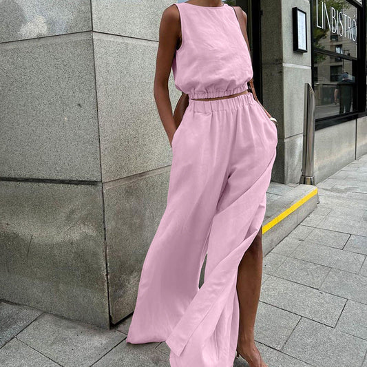Chaleco sin mangas de lino y algodón con pantalones de pierna ancha divididos, traje de primavera y verano de dos piezas para mujer