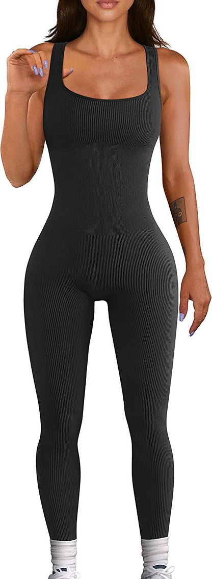 Mono de yoga sexy de verano para mujer, mono deportivo sin mangas con cuello cuadrado acanalado y pantalones