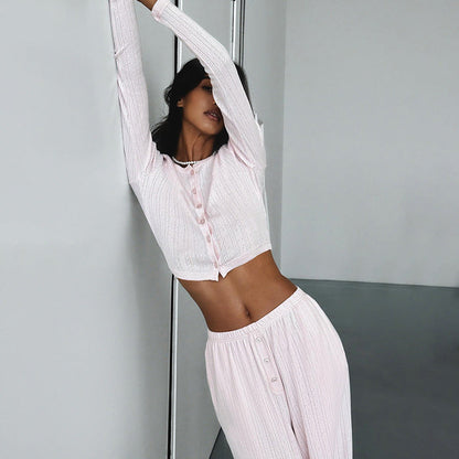 Casual Knitted Basic Breasted Long Sleeve Top Elastic Trousers Two Piece Pajamas Homewear