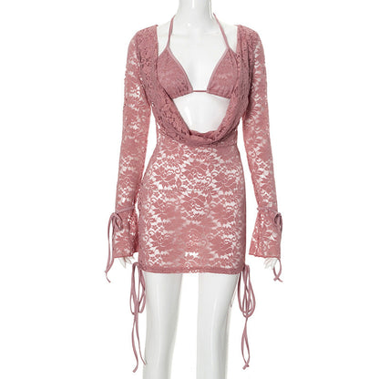 Ropa de mujer Otoño Color sólido Casual Encaje Encaje Manga larga Top Conjuntos con cordones