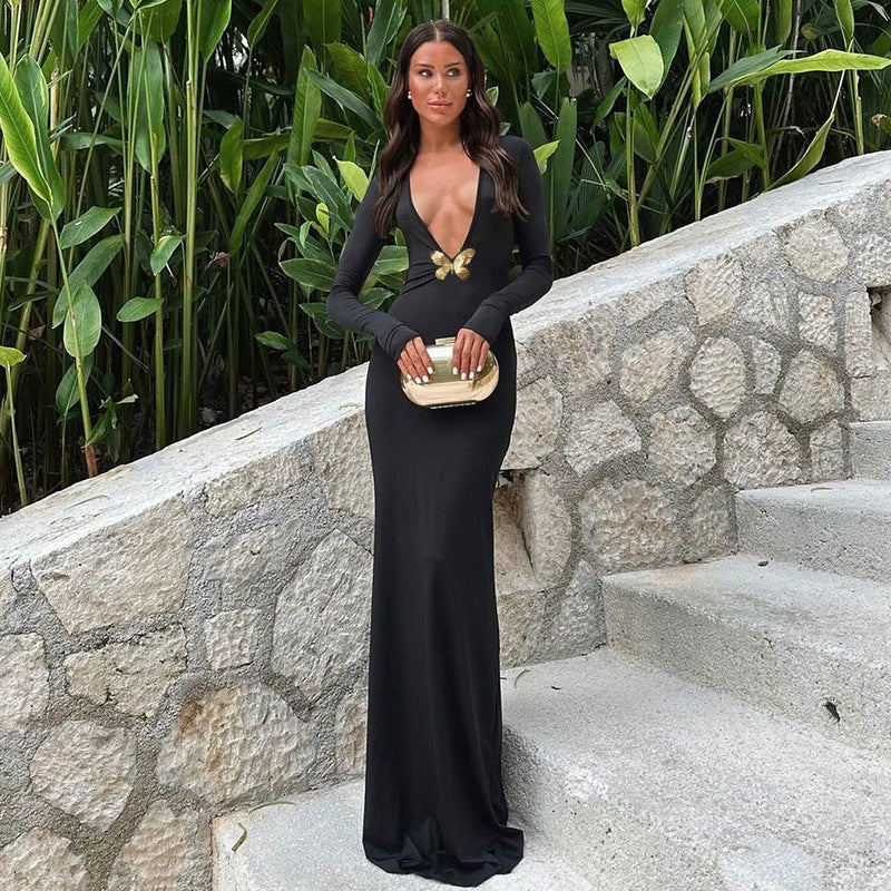 Vestido elegante de verano para mujer, de color liso, con escote en V profundo y cintura alta, con cola de pez