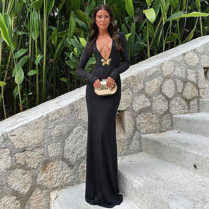 Vestido elegante de verano para mujer, de color liso, con escote en V profundo y cintura alta, con cola de pez