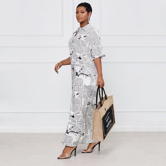 Casual Loose Digital Printing Newspaper Dress Women