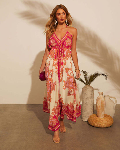 Primavera Verano fuera del hombro cuello en V ropa de mujer tirantes finos estampado floral hada vestido largo elegante vestido de gran vuelo mujeres