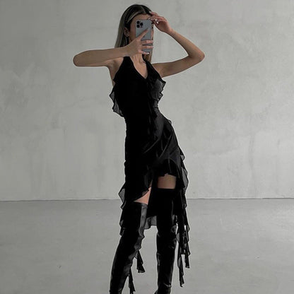 Vestido ajustado asimétrico irregular con volantes y escote en V profundo sexy de primavera