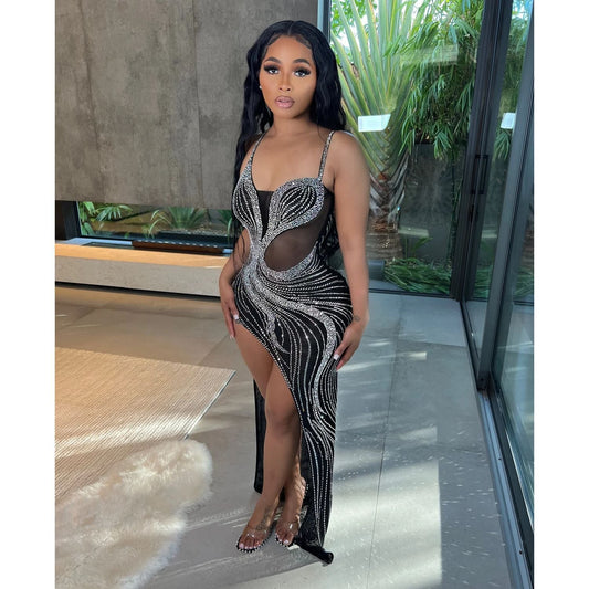 Summer Women Clothing Sexy Mesh Rhinestone Night Club Slip Dress Women