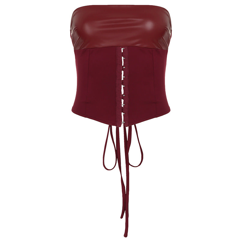 Conjunto de falda y top de tubo con cordones y cintura moldeada estilo vintage para mujer, de cuero, con aberturas en la muñeca y cortes colgantes
