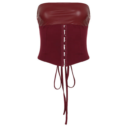 Conjunto de falda y top de tubo con cordones y cintura moldeada estilo vintage para mujer, de cuero, con aberturas en la muñeca y cortes colgantes
