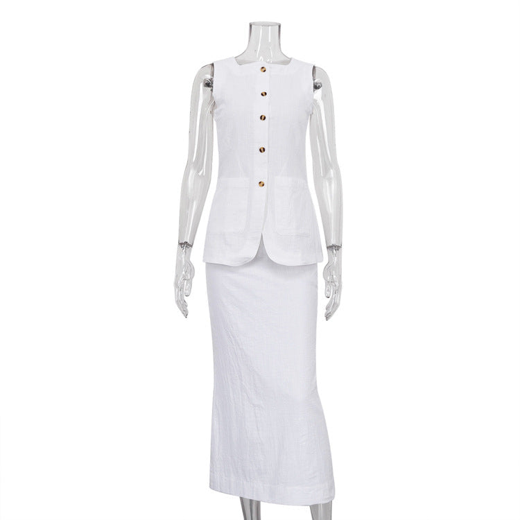 Chaleco blanco sin mangas con cuello cuadrado y falda de cintura alta, traje de alta costura para mujer