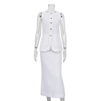 Chaleco blanco sin mangas con cuello cuadrado y falda de cintura alta, traje de alta costura para mujer