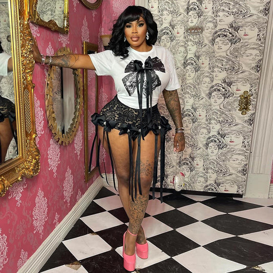 Conjunto de top holgado con estampado de mariposas en 3D sexy y pantalones cortos de encaje a la moda para mujer