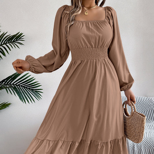 Vestido informal de primavera y verano para mujer, color liso, cuello cuadrado, manga larga, cintura con volantes, corte en A
