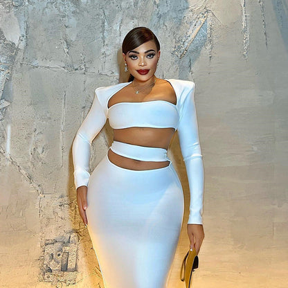 Conjunto de dos piezas formado por top y falda de manga larga, elegante, a la moda, para mujer
