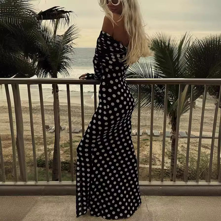 Vestido ajustado sexy con hombros descubiertos y costura de lunares de gasa para primavera y verano para mujer