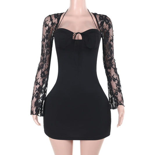 Vestido elegante de otoño sexy ajustado de encaje de manga larga cruzado en la cadera para mujer