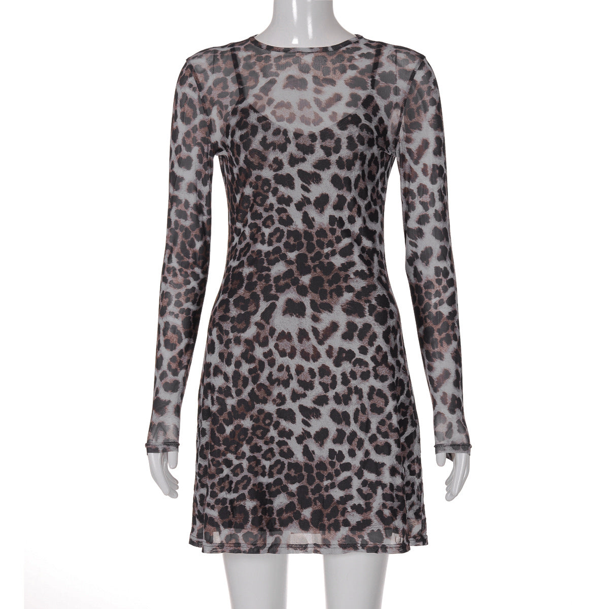 Vestido de malla transparente con estampado de leopardo y personalidad de otoño para mujer
