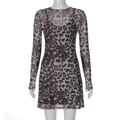 Vestido de malla transparente con estampado de leopardo y personalidad de otoño para mujer