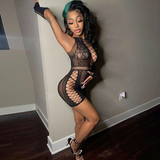 Summer Women Clothing Nightclub Sexy Hollow Out Cutout Sexy Jacquard Fishnet Clothes Slim-Fit Sheath Dress Opera Glove