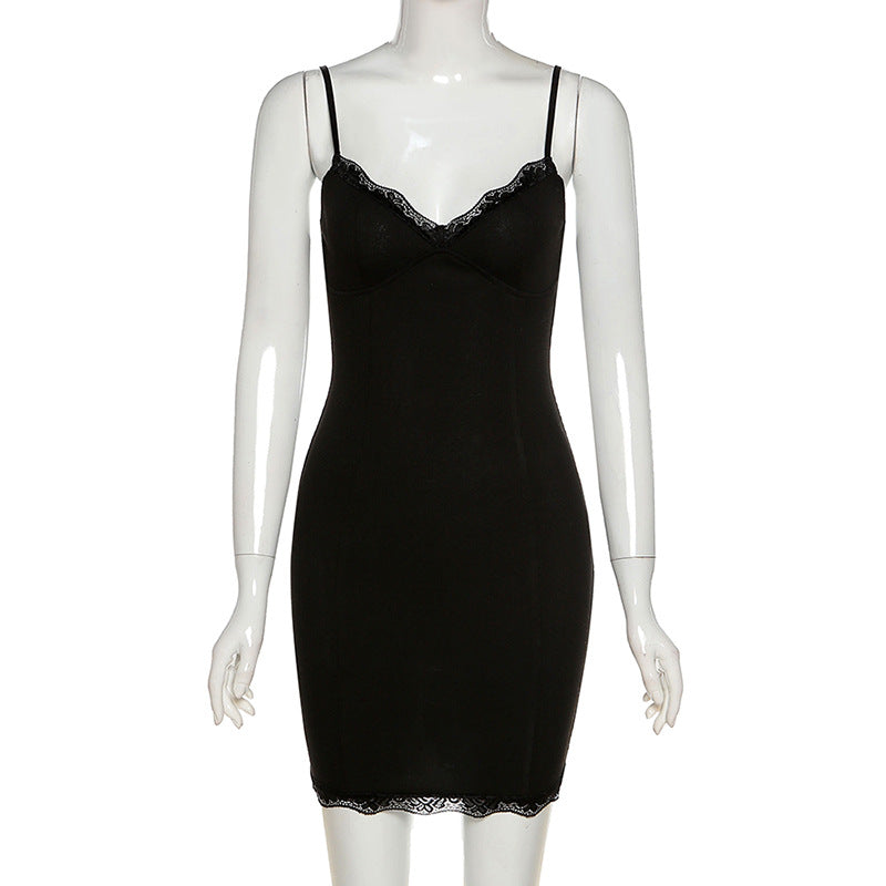 Tendencias de verano Ropa de mujer Vestido ajustado con borde de encaje y tirantes finos